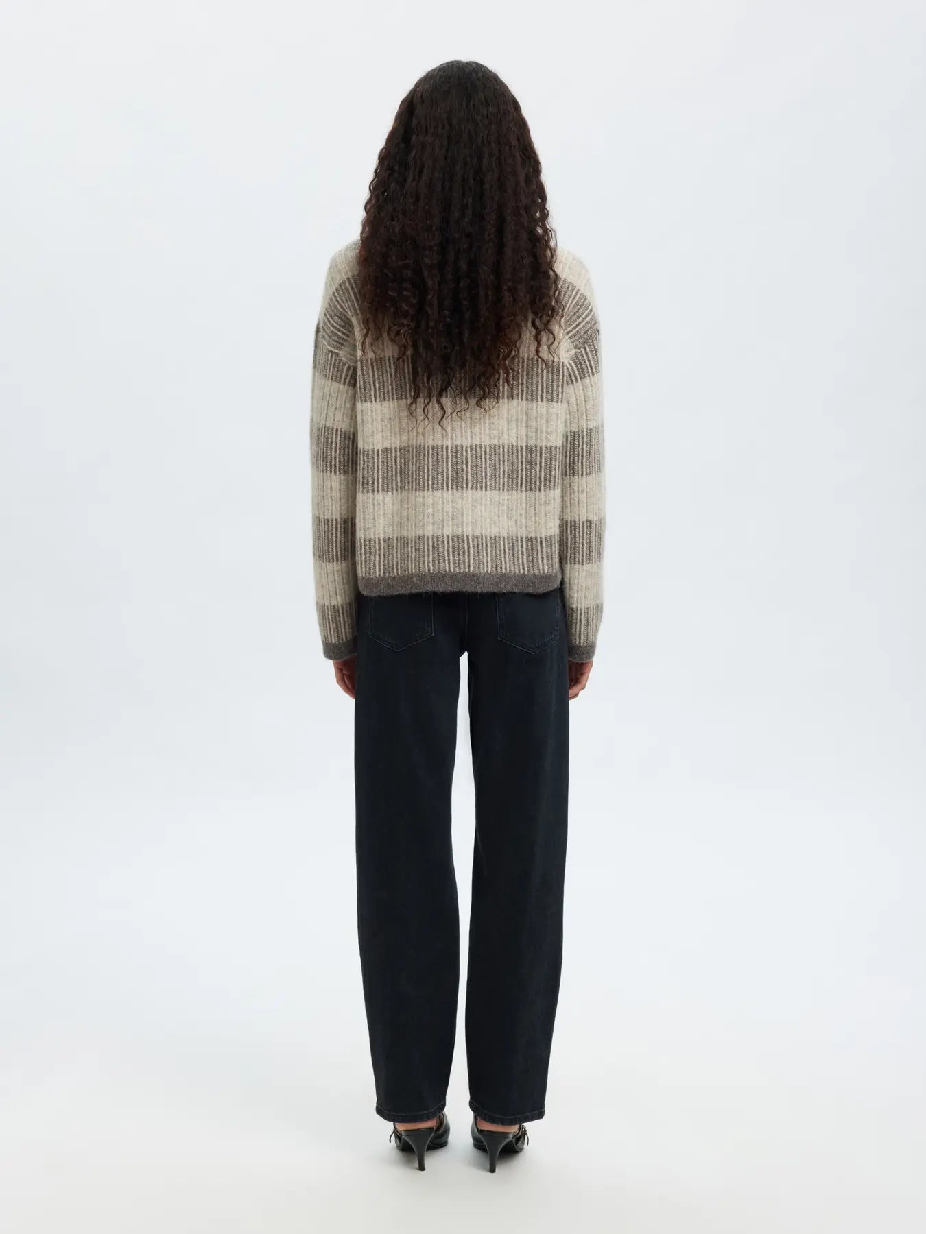 Alva Ls Knit Stripe O-Neck - Medium Grey Melange / Birch