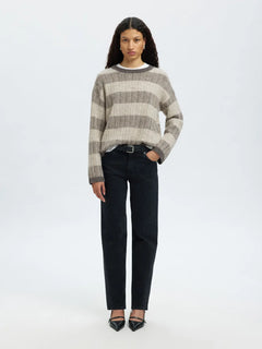 Alva Ls Knit Stripe O-Neck - Medium Grey Melange Lgm + Birch