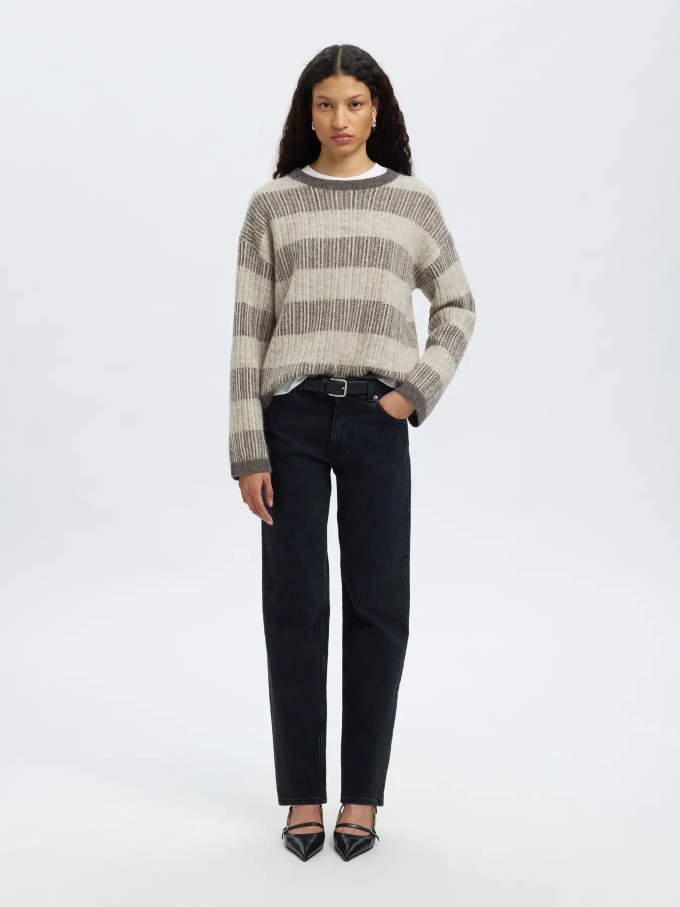 Alva Ls Knit Stripe O-Neck - Medium Grey Melange / Birch