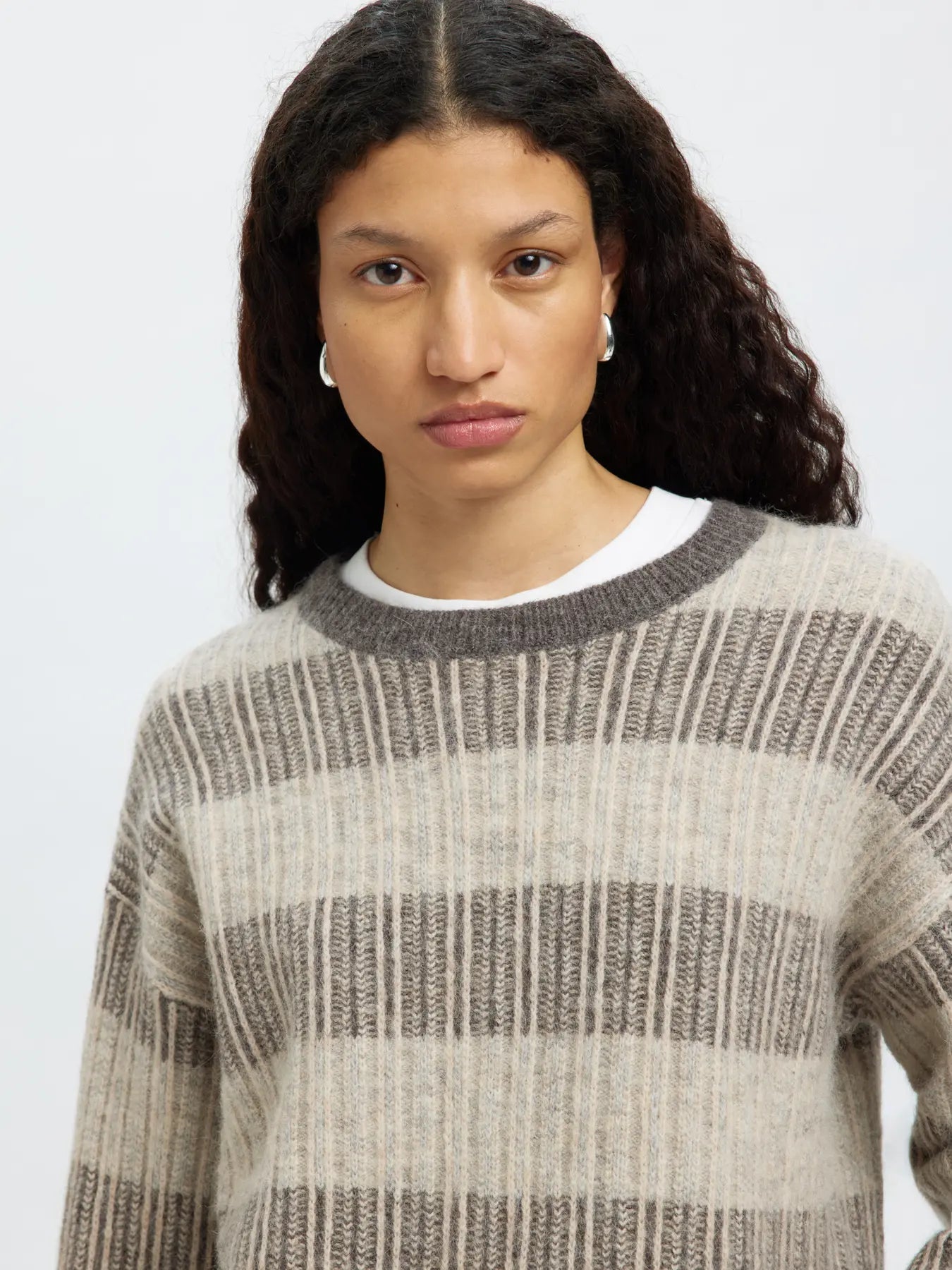 Alva Ls Knit Stripe O-Neck - Medium Grey Melange / Birch