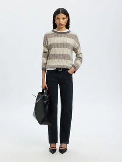 Alva Ls Knit Stripe O-Neck - Medium Grey Melange Lgm + Birch