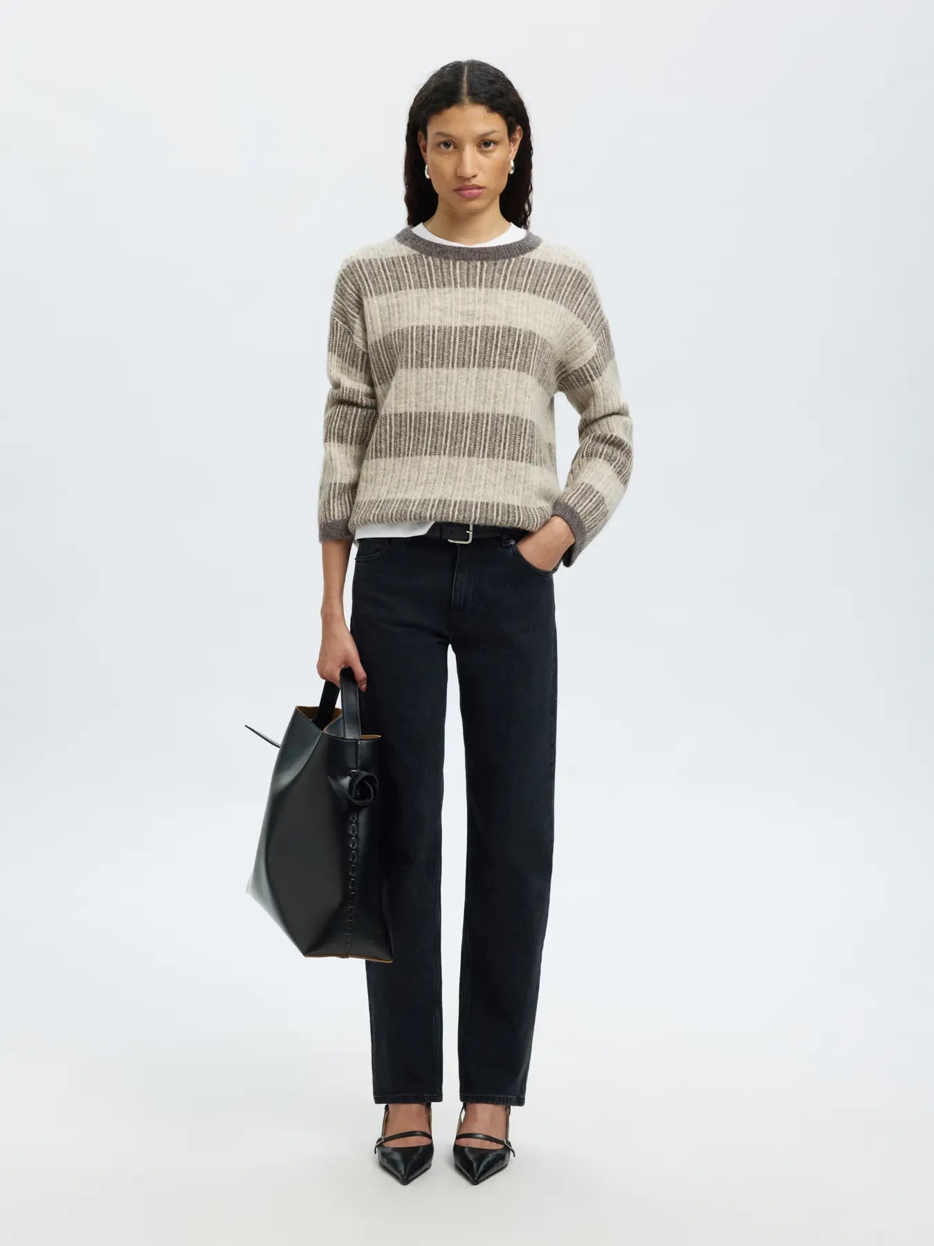 Alva Ls Knit Stripe O-Neck - Medium Grey Melange / Birch
