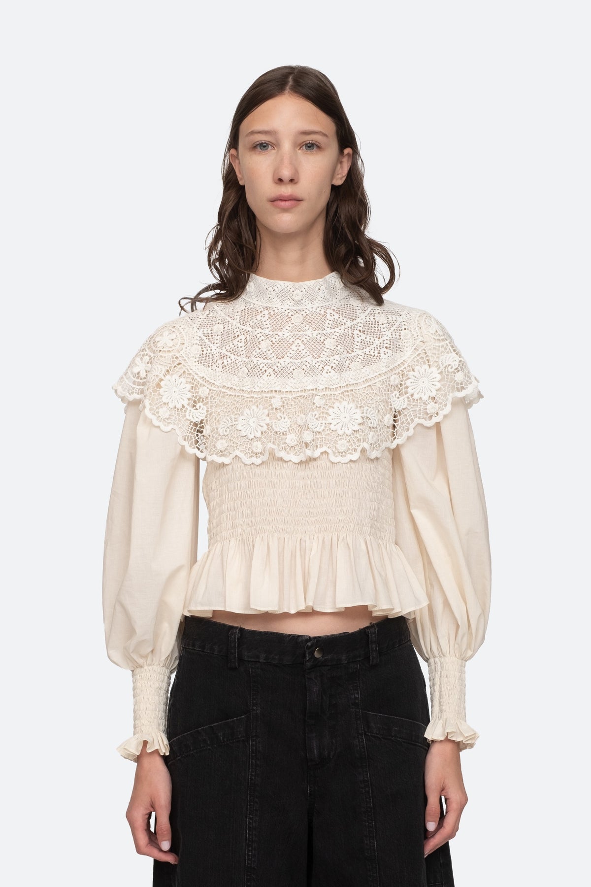 Serita Crochet Lace L/Slv Top - Cream