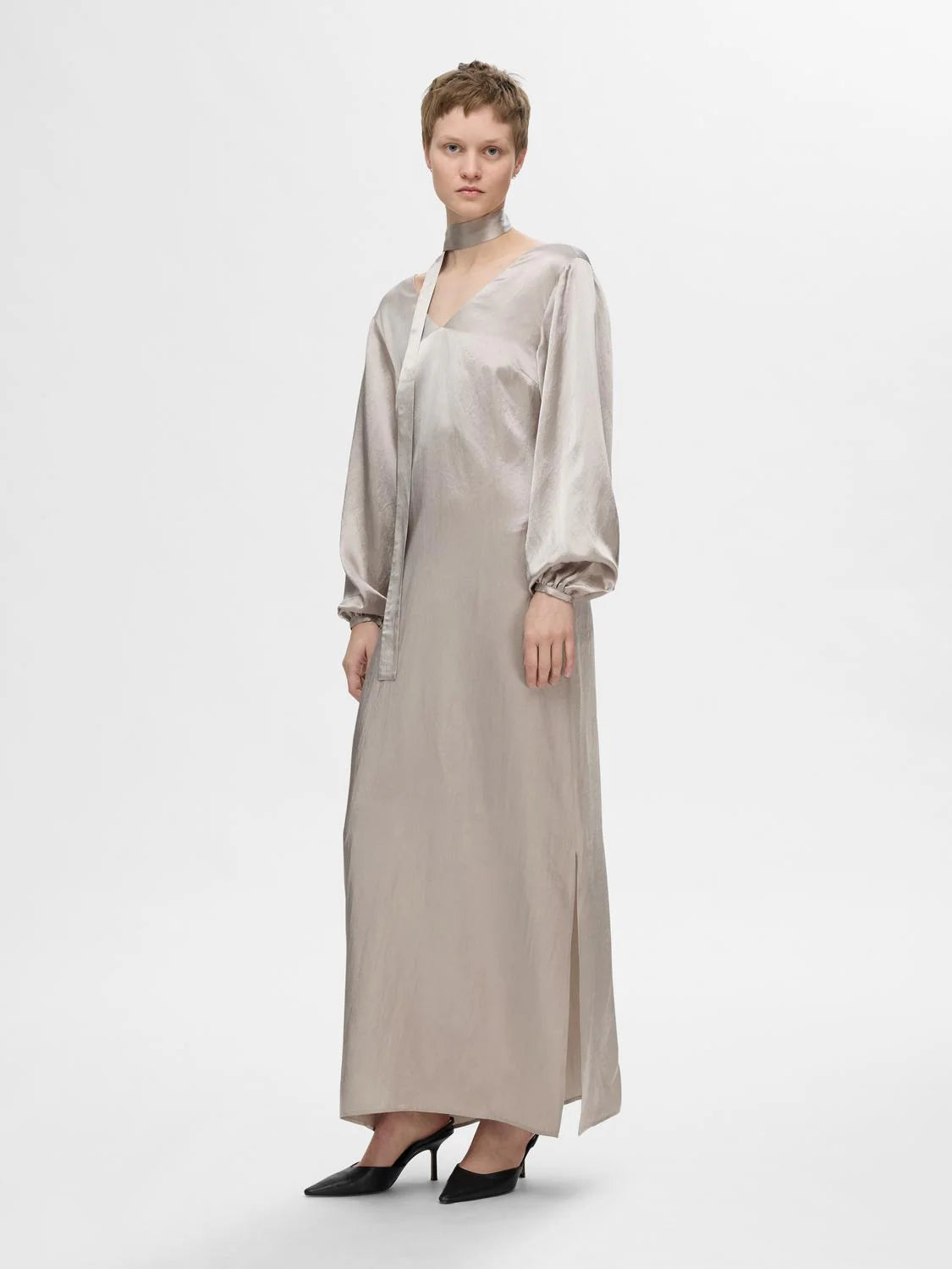 Selene Ls Ankle Slit Dress - Dove