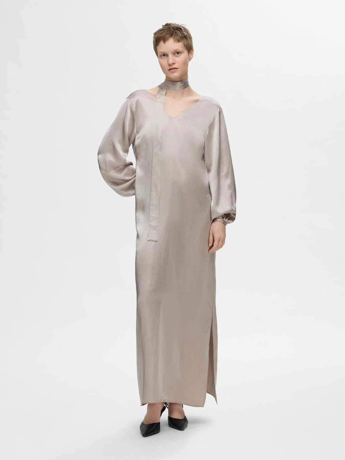 Selene Ls Ankle Slit Dress - Dove