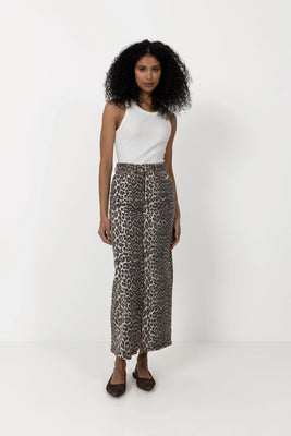Print Denim Maxi Slit Skirt - Leopard