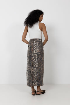 Print Denim Maxi Slit Skirt - Leopard