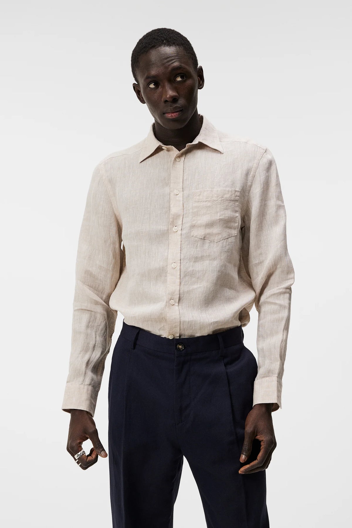 Linen Melange Ls Slim Shirt - Safari Beige