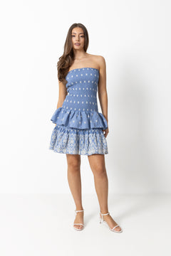 Kanutte Fine Emb Smock Dress - Blue/White