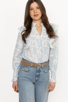 Vårun Flower Dobby Blouse - Blue Dobby Flower