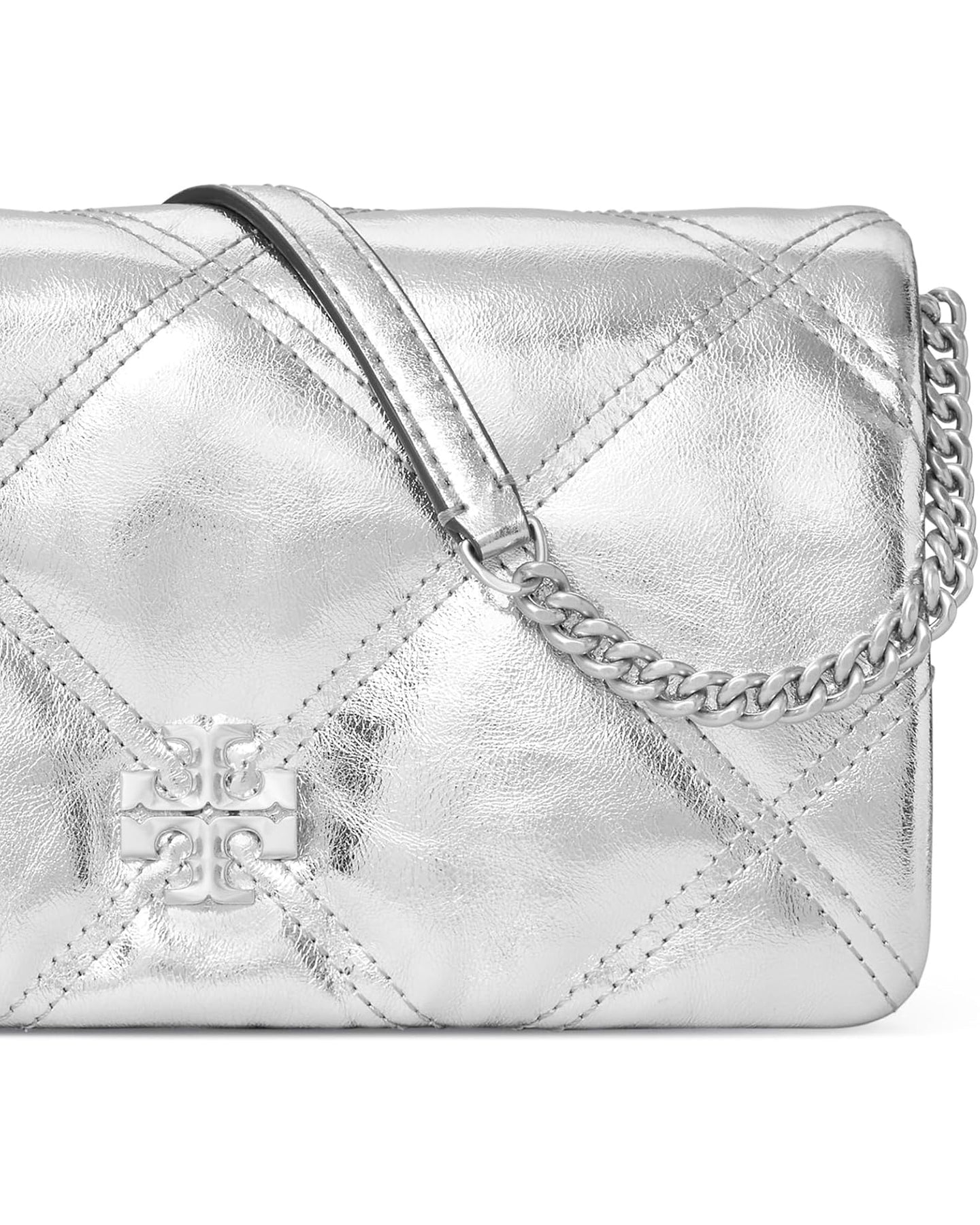 Kira Metallic Diamond Quilt Chain Wallet - Silver