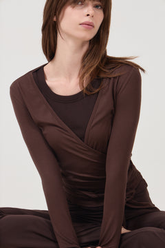 Nia Jersey Wrap Blouse - Chocolate Brown