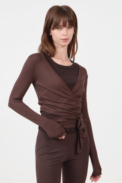 Nia Jersey Wrap Blouse - Chocolate Brown