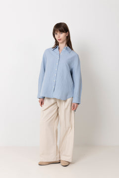 Cleo Oversize Linen Blend Shirt - Dusty Blue Bright White