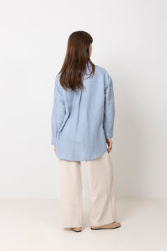Cleo Oversize Linen Blend Shirt - Dusty Blue Bright White