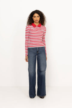 Leslie Polo Blouse - Red Blue Stripe