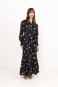 Yassomelli Ls Long Shirt Dress - Ex - Black Flower Print