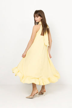 Sabrina Halterneck Ruffled Midi Dress - Light Lemon