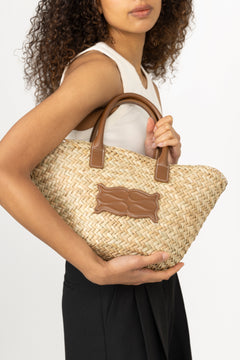 Small Leather Trimmed Monogram Straw Tote - Cognac