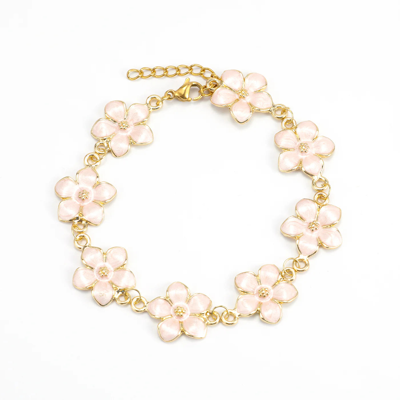 Adeline Pink Enamel Flower Chain Armband - Guld