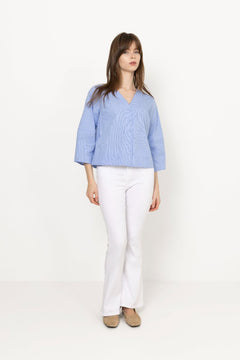 Bea 3/4 V Neck Shirt B - Dusty Blue Stripe