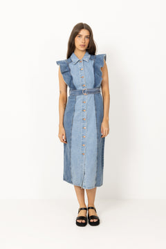 Yascawi Sl Denim Long Dress - Medium Blue Denim Light Blue Denim Blocking