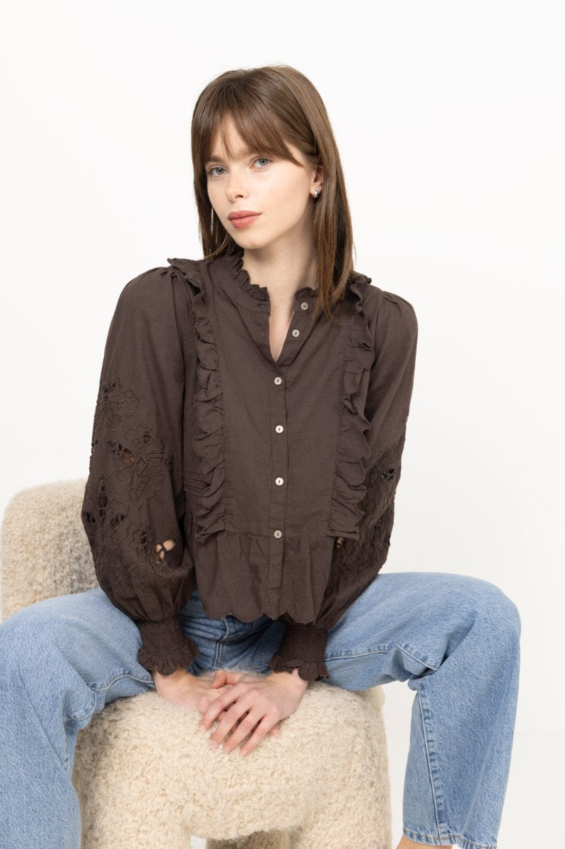 Petrine Embroidery Blouse - Dark Brown