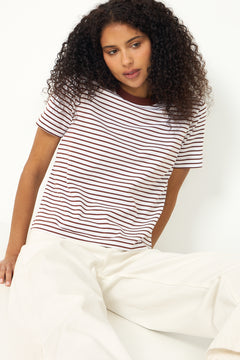 Essential Ss Striped Boxy Tee - Cherry Mahogany Bright White