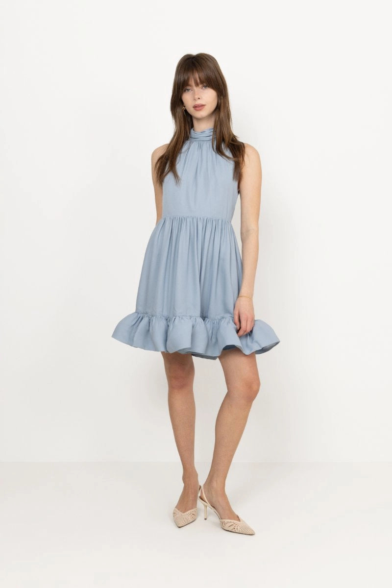Fern Halterneck Ruffled Mini Dress - Sky
