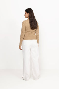 Cable-Knit Cotton Crewneck Cardigan - Vintage Khaki