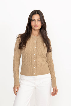 Cable-Knit Cotton Crewneck Cardigan - Vintage Khaki