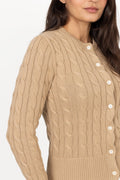 Cable-Knit Cotton Crewneck Cardigan - Vintage Khaki