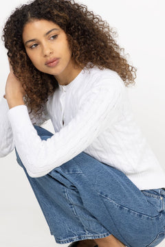 Cable-Knit Cotton Crewneck Cardigan - White