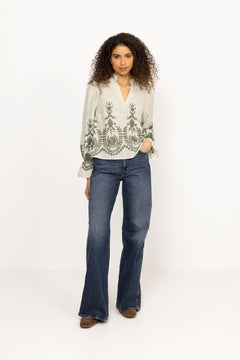 Amara Stripe Emb Blouse - Dusty Green