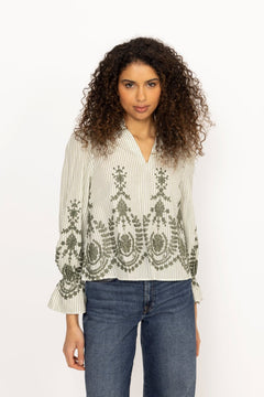 Amara Stripe Emb Blouse - Dusty Green