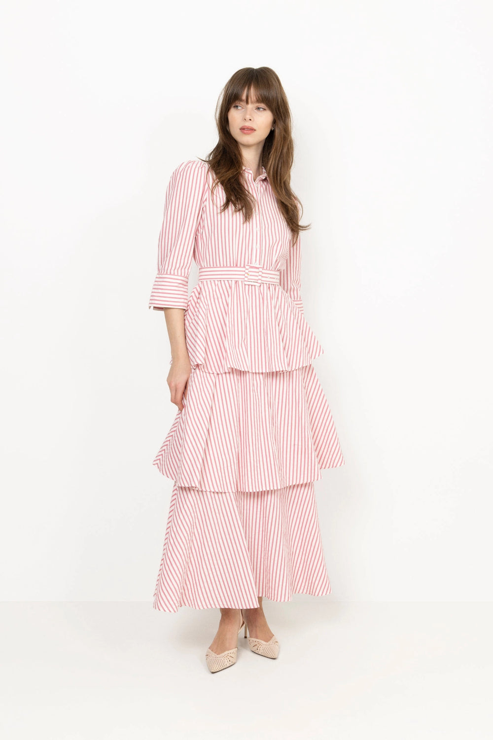 Seersucker Flounce Dress - Pink Stripe