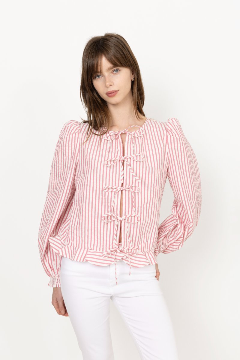 Seersucker Bow Blus - Pink Stripe