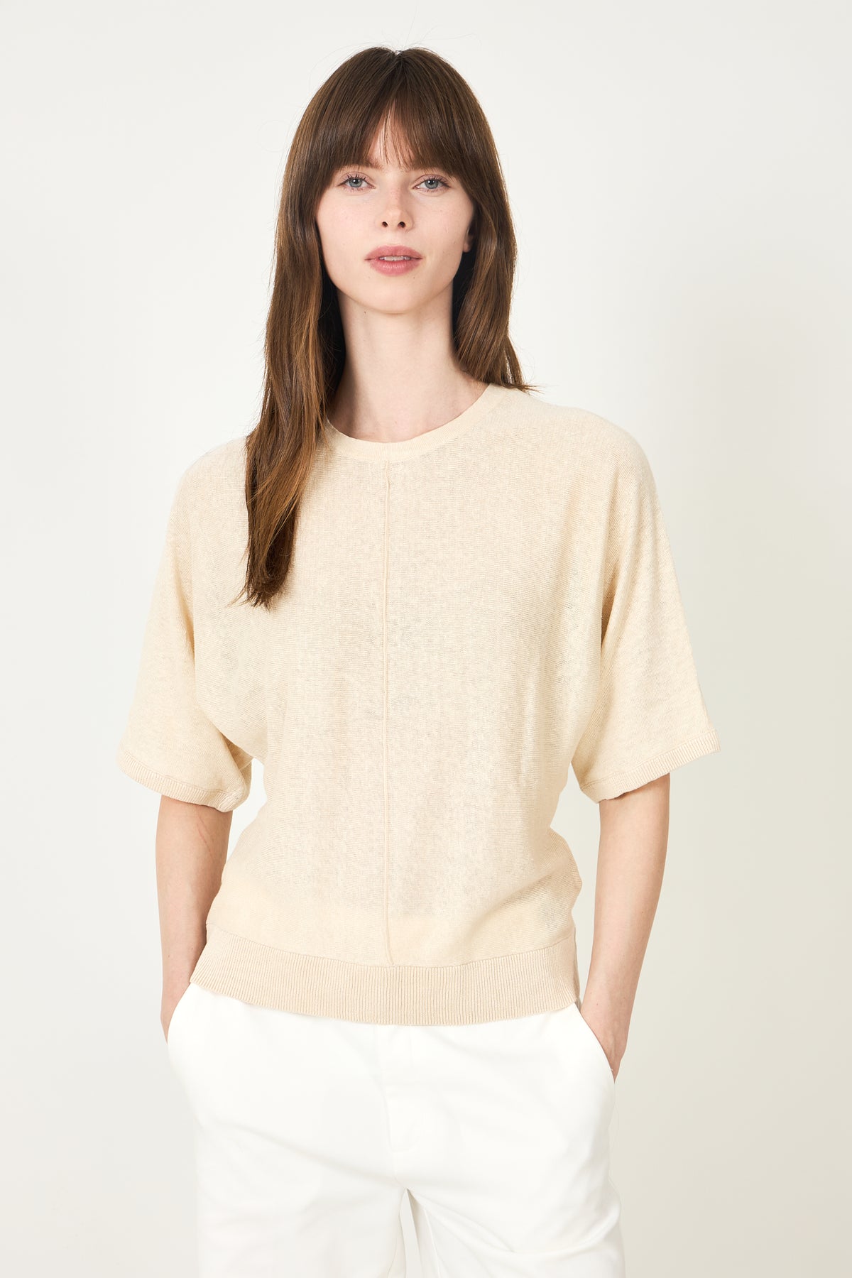 Jane Linen 2/4 Bat Knit O-Neck - Sandshell