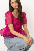 Shibori Organza Sun Cut Peplum Blouse - Raspberry Rose