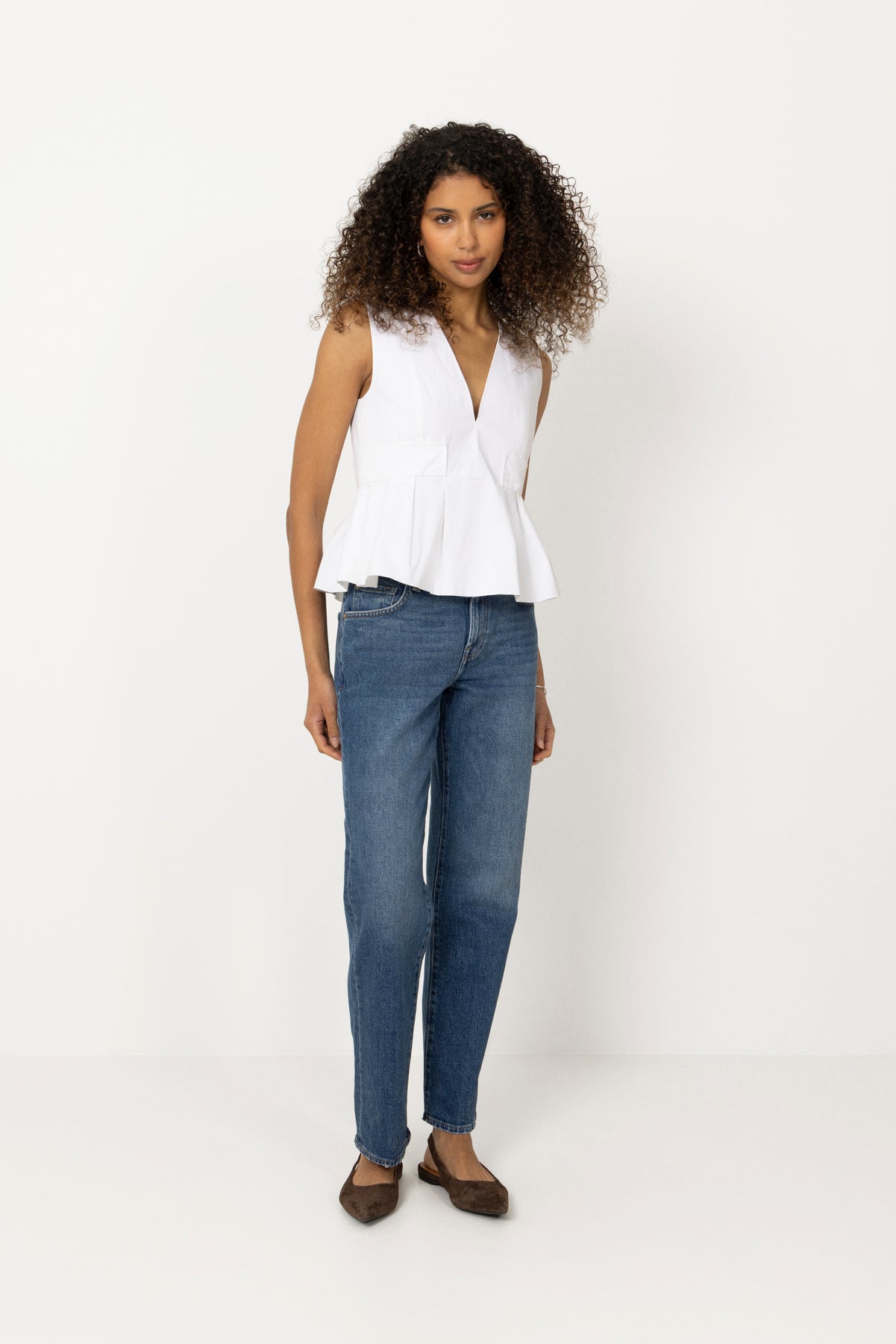 Stretch Cotton V-Neck Pocket Blouse - Bright White