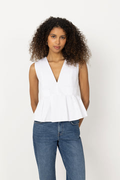 Stretch Cotton V-Neck Pocket Blouse - Bright White