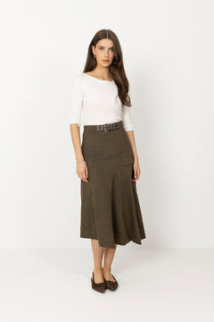 Light Wool Melange Belted Asymmetric Skirt - Canteen