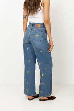 Printed Flower Denim Lari Jeans - Light Blue Vintage
