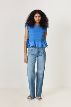 Stretch Cotton Angel Sleeve Smocked Top - Marina