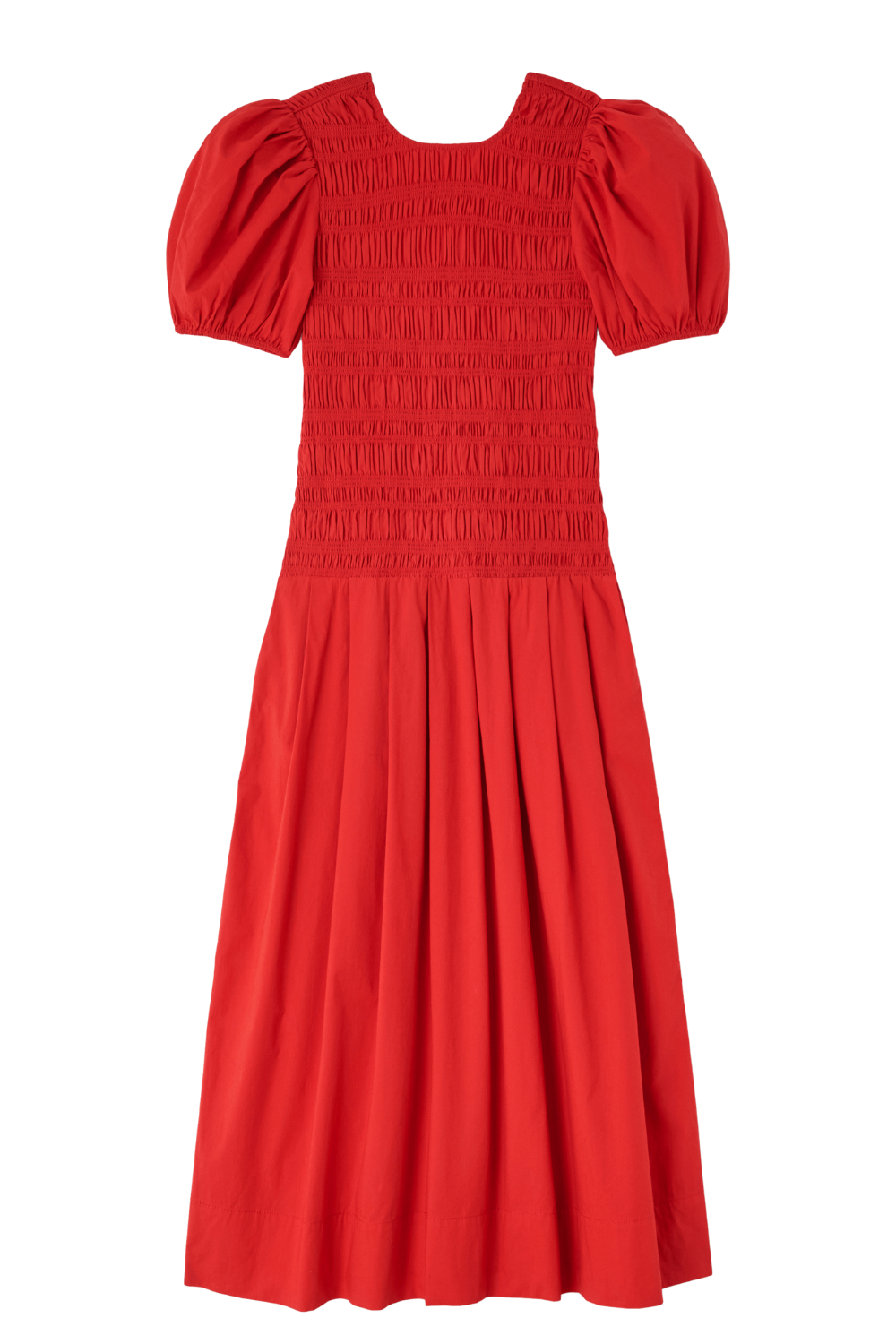 Stretch Cotton Long Smocked Pleated Dress - Goji Berry