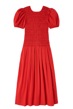 Stretch Cotton Long Smocked Pleated Dress - Goji Berry