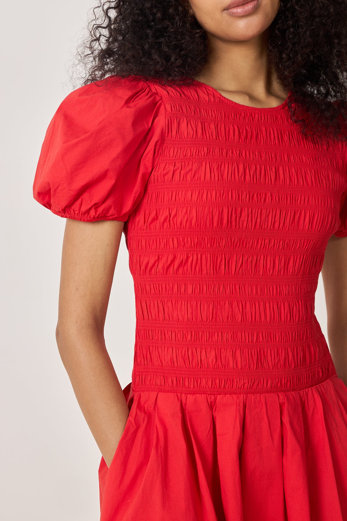 GANNI Stretch Cotton Long Smocked Pleated Dress - Goji Berry