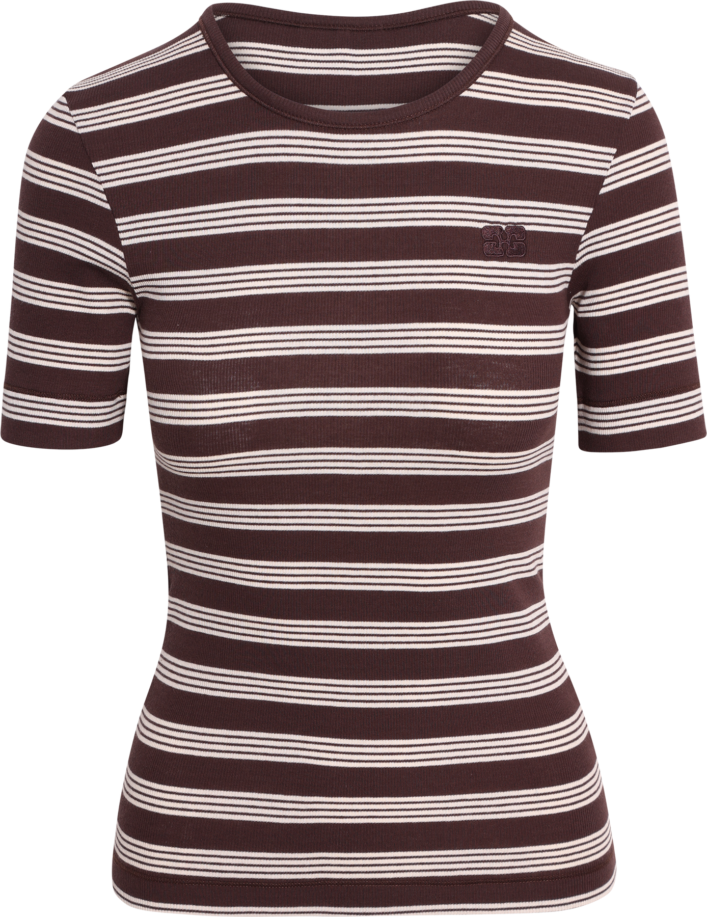 Ganni Soft Cotton Rib Short Sleeve T-Shirt Stripe - Mole