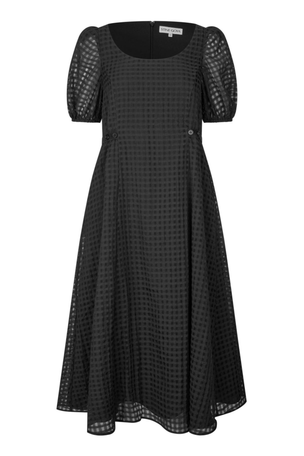 Adjustable Waist Voluminous Midi Dress - Checkered Organza