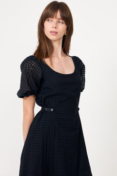 Adjustable Waist Voluminous Midi Dress - Checkered Organza